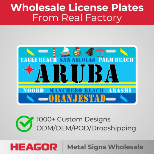 aruba souvenir license plates, blue and flag, oranjestad