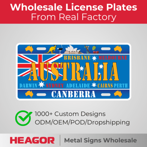 australia souvenir license plates, blue background with canberra