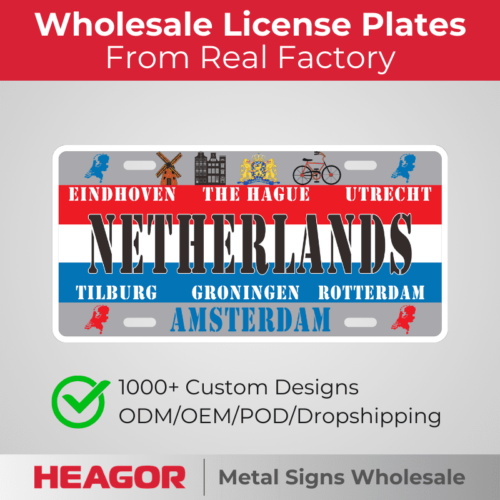 netherlands souvenir license plates, amsterdam, tilburg, rotterdam city names